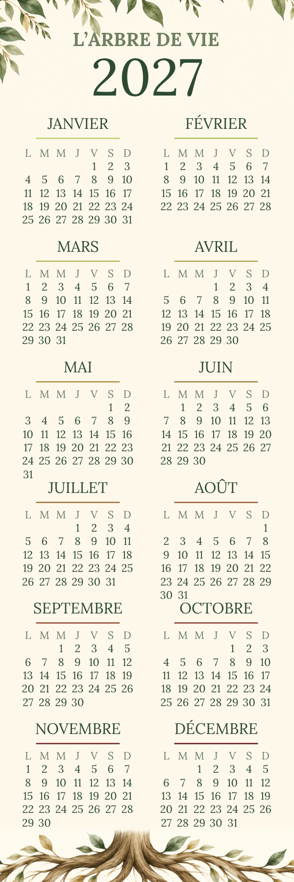 Recto du marque-page : le calendrier 2027